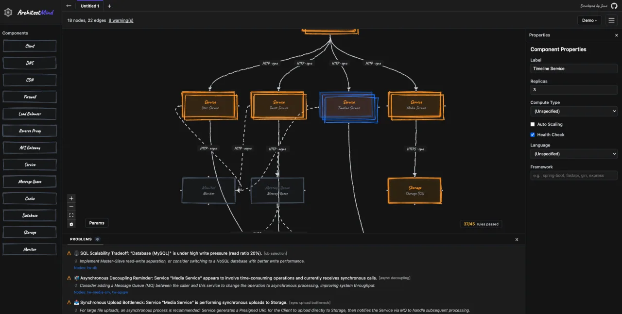 ArchitectMind — an interactive system-design canvas flagging architecture problems in real time