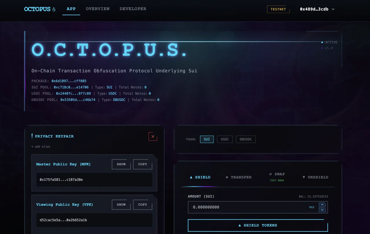 Octopus app — shielding and transferring SUI confidentially on Sui